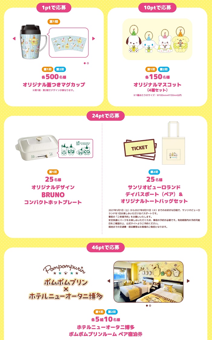 ポムポムプリンルーム宿泊券、デジタルポイント最大5万円分など１